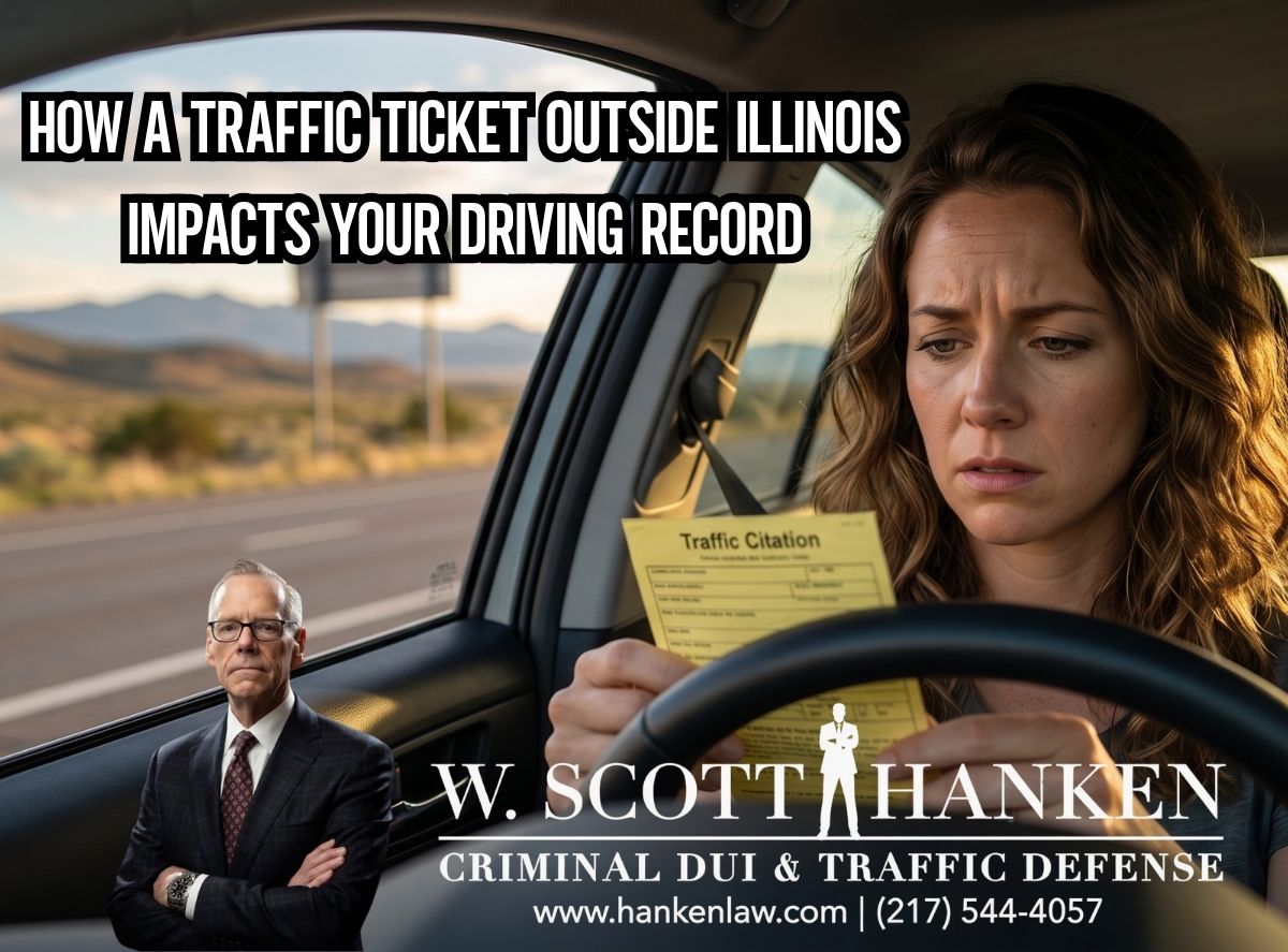 Worried driver holding a traffic citation in her car, illustrating how a traffic ticket outside Illinois impacts your driving record, with Springfield attorney W. Scott Hanken.