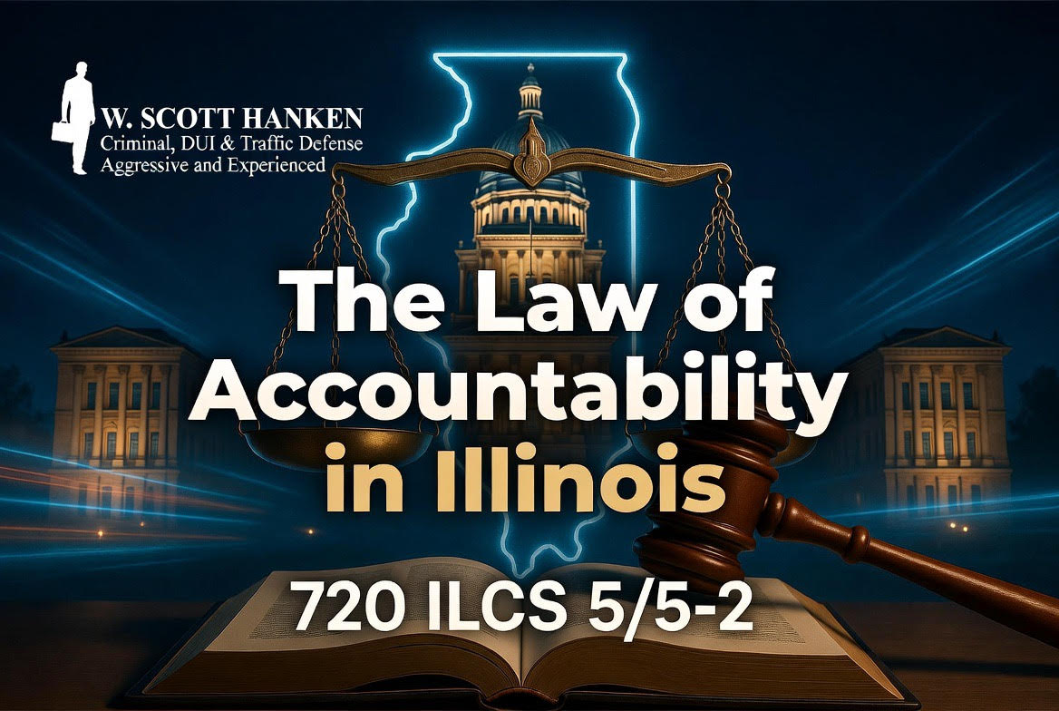 Infographic illustrating the Illinois Law of Accountability under 720 ILCS 5/5-2, featuring the W. Scott Hanken Criminal Defense logo. The image shows silhouetted figures representing a group, with text highlighting the legal difference between