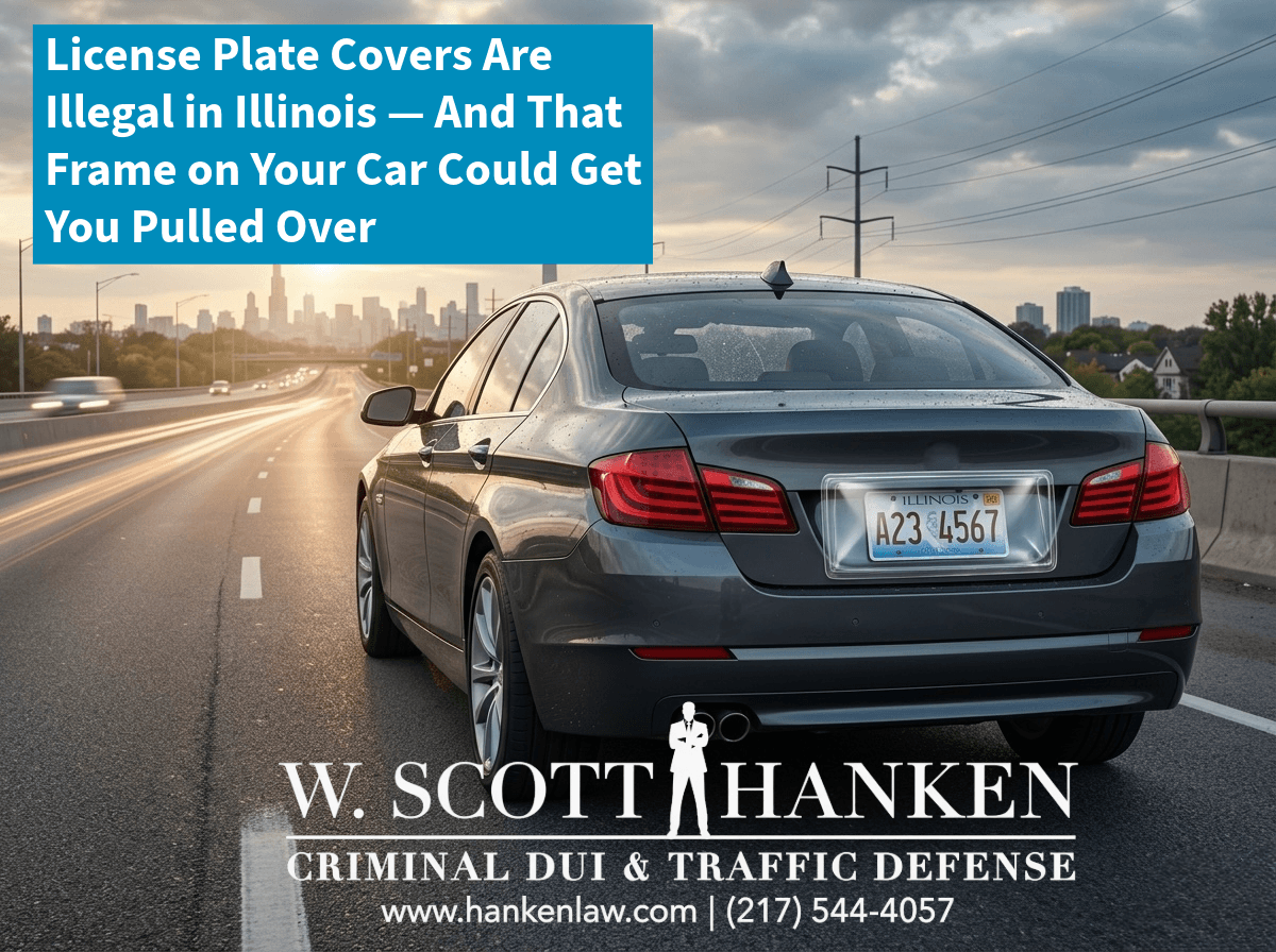 Illinois vehicle on highway with visible license plate — W. Scott Hanken explains why license plate covers are illegal under 625 ILCS 5/3-413 in Springfield, Illinois.